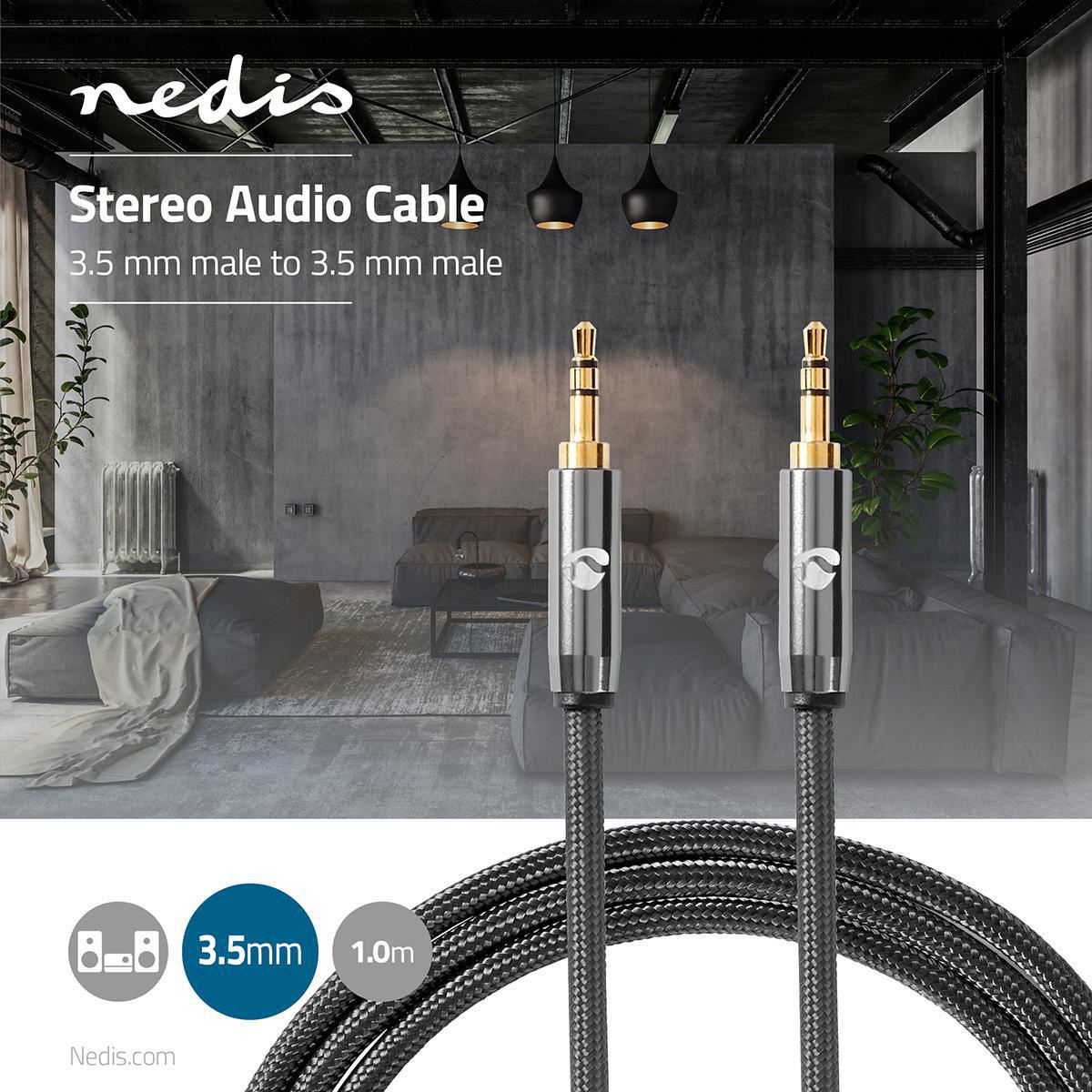 Nedis 1m Stereo Audio Cable 3.5mm Male to 3.5mm Male Gun Metal Grey Braided - CATB22000GY10