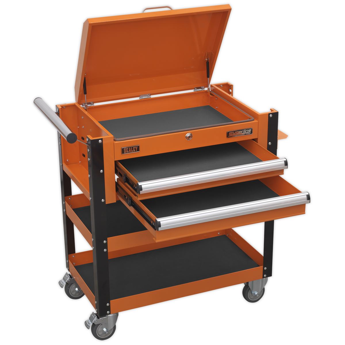 Sealey HD Mobile Tool & Parts Trolley 2 Drawer & Locking Top Orange AP760MO