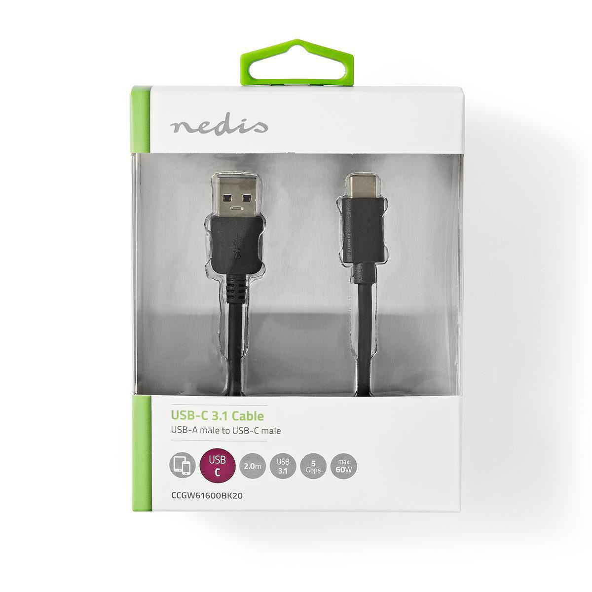 Nedis USB 3.1 Cable USB-C Male to A Male 2m Black - CCGW61600BK20