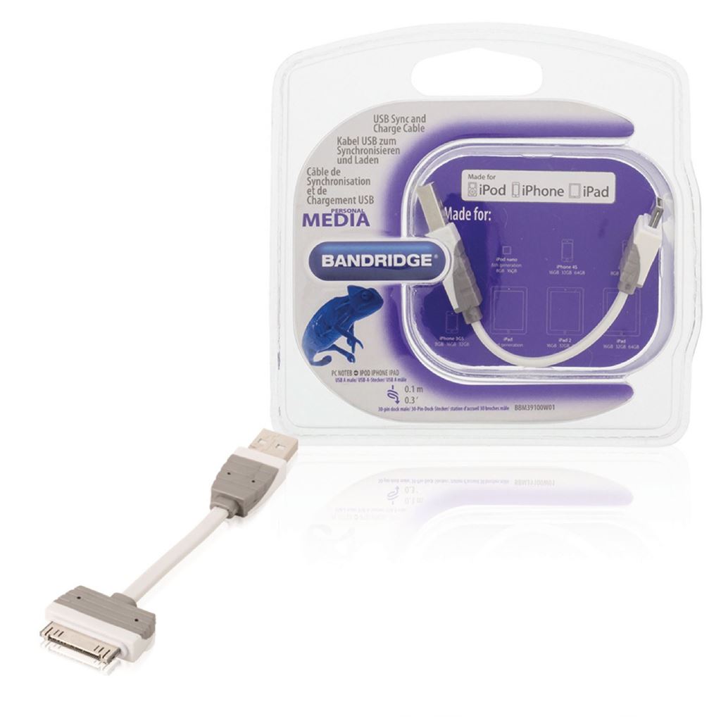 Bandridge USB sync and charge cable USBA male to 30-pin Apple dock 0.10m white - BBM39100W01