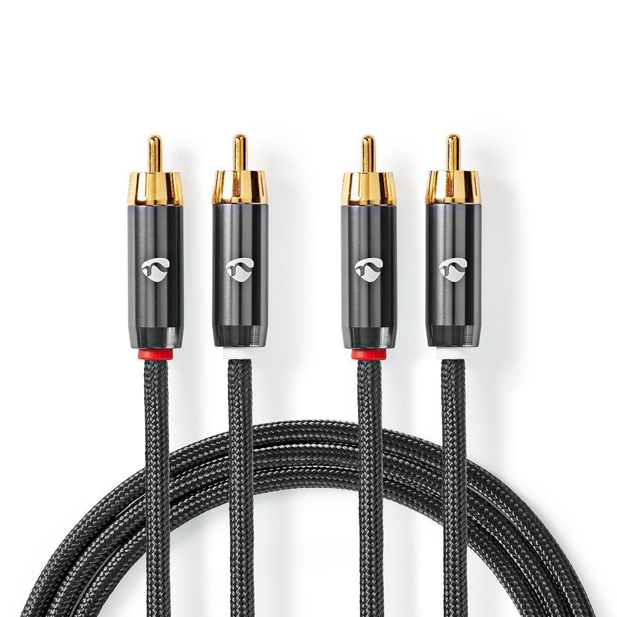 Nedis 1m Stereo Audio Cable 2x RCA Male to 2x RCA Male Gun Metal Grey Braided - CATB24200GY10