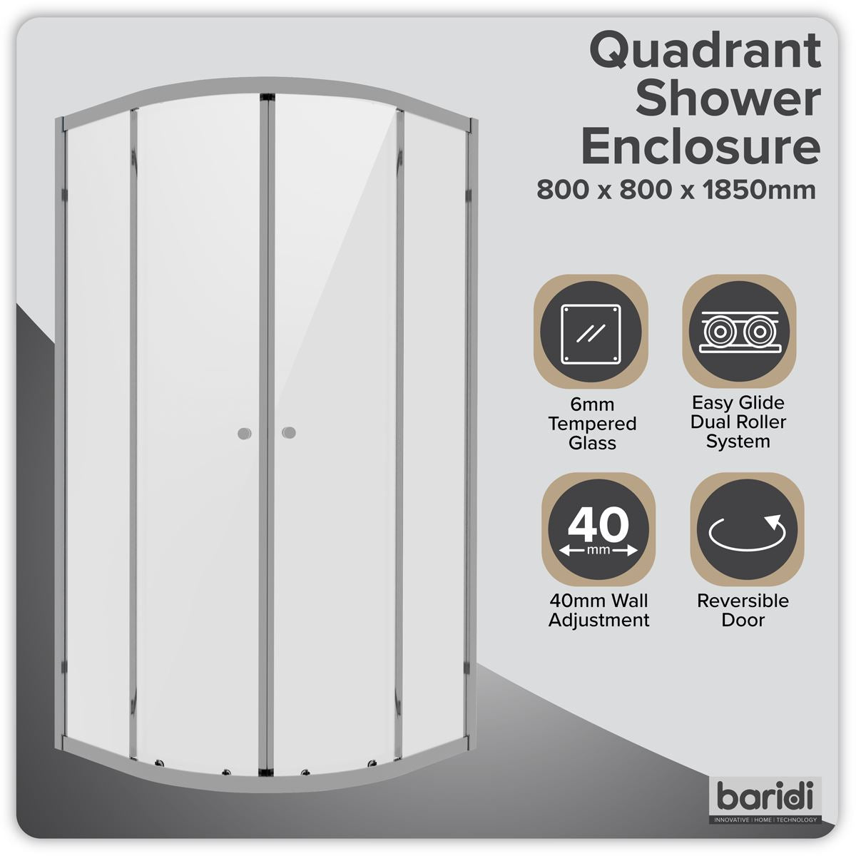 Baridi Quadrant Shower Entry Enclosure 800 x 800 x 1850mm with 6mm Tempered Glass - Chrome DH301