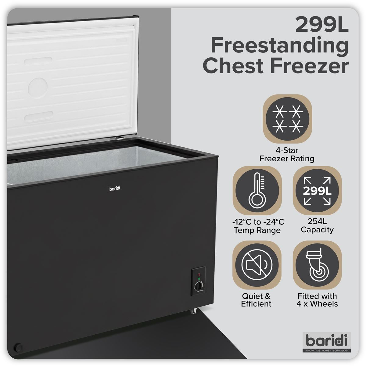 Baridi Freestanding Chest Freezer 299L Capacity - Black DH261