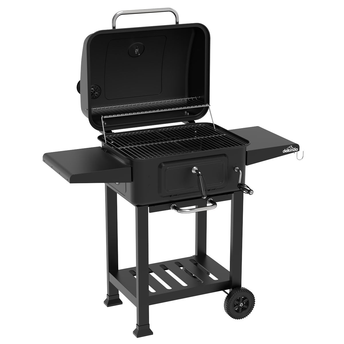 Dellonda Charcoal Grill BBQ Smoker and Trolley with 2 Side Shelves - Black DG283