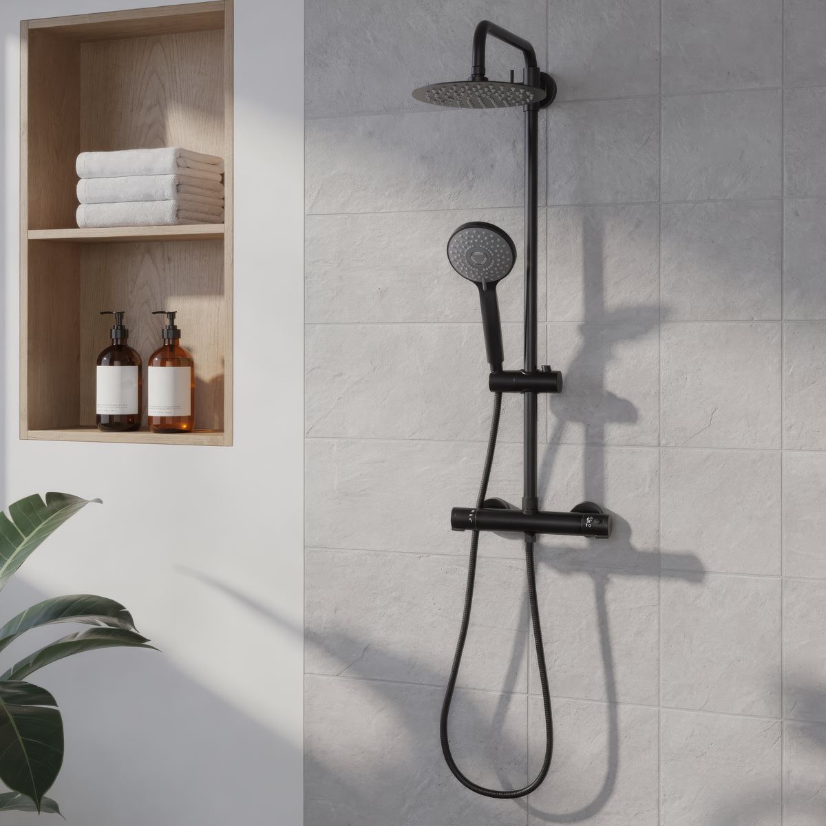Baridi Thermostatic Shower Mixer Set, 20cm Round Head, Adjustable Rail - Black