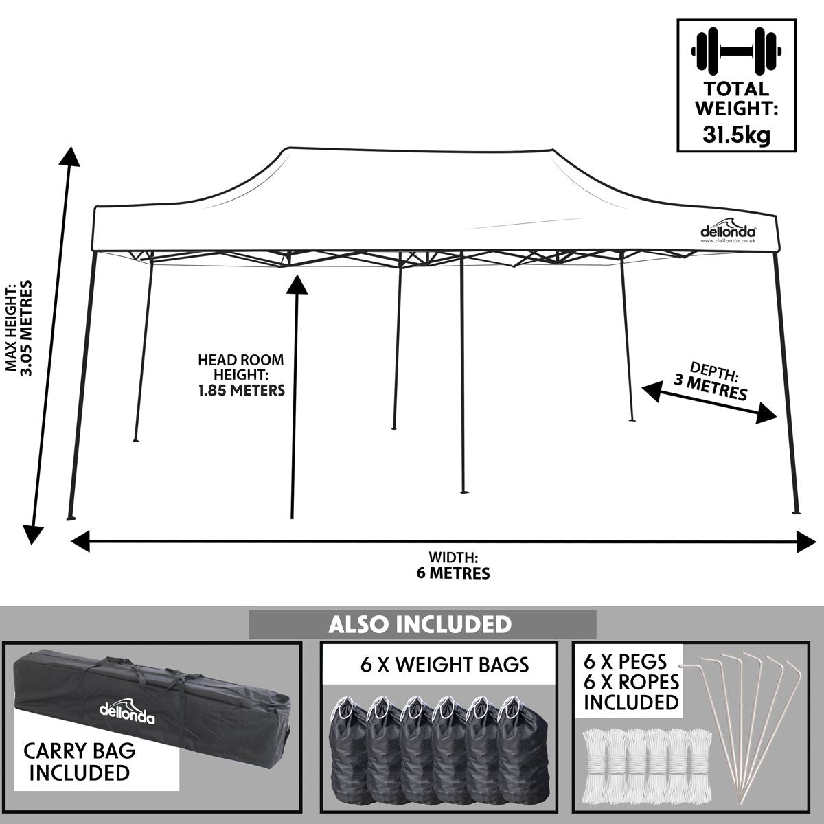Dellonda Premium 3x6m Pop-Up Gazebo Water Resistant w/Carry Bag/Rope/Stakes Grey