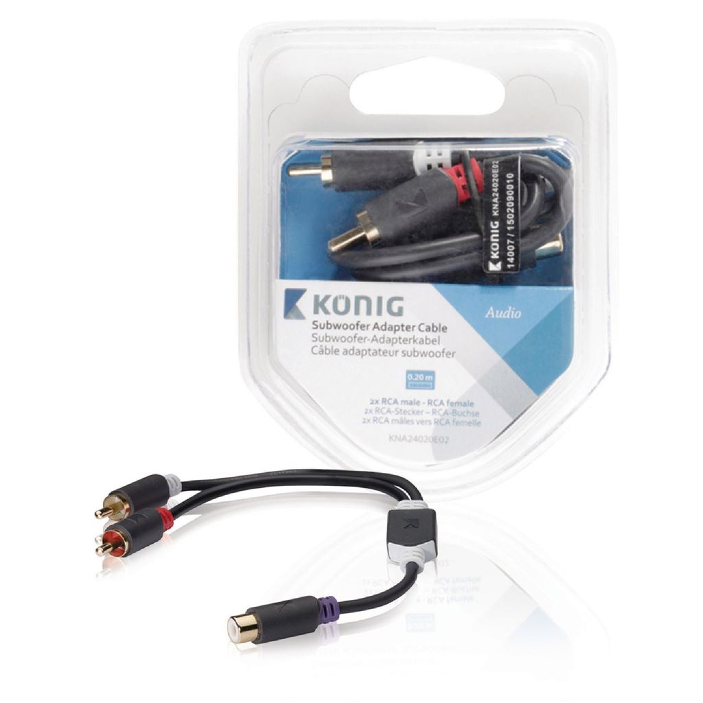 Konig Subwoofer adapter cable 2x RCA male to RCA female 0.20m grey - CABW24020AT02
