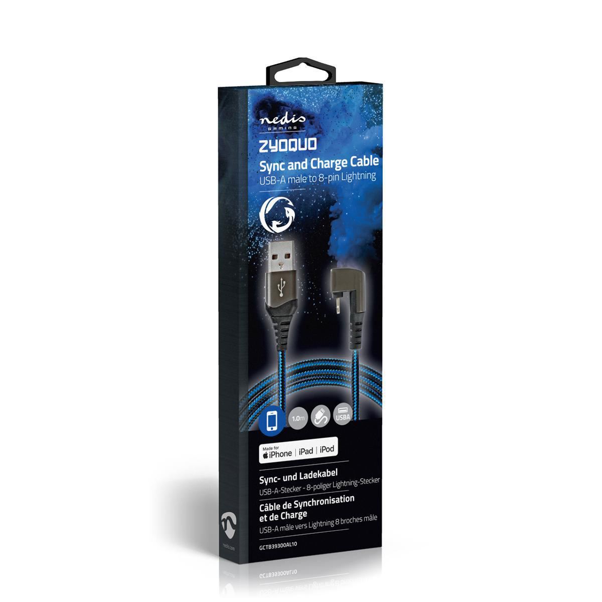 Nedis Gaming USB-A 2.0 to Apple Lightning 8-Pin 480Mbps 12W Blue & Black 1m - GCTB39300AL10