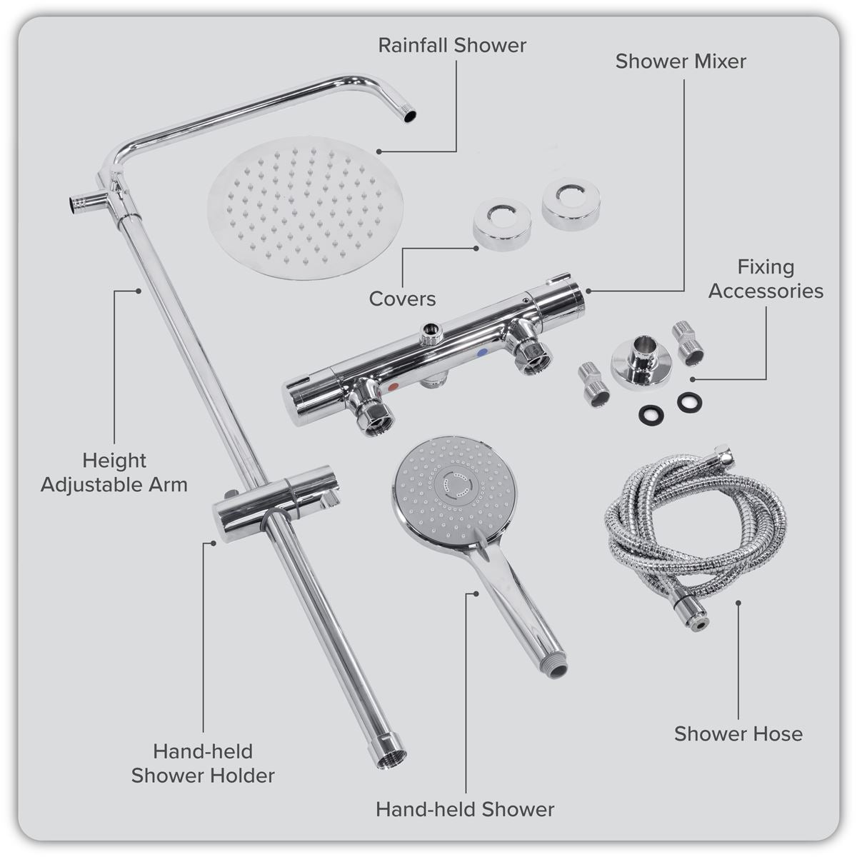 Baridi Thermostatic Shower Mixer Set, 20cm Round Head, Adjustable Rail - Chrome DH314