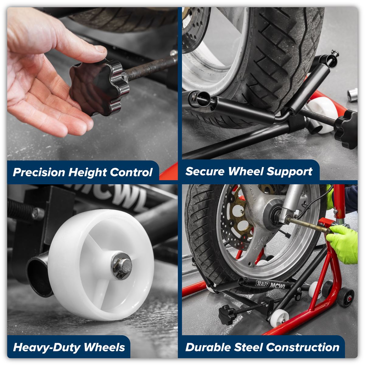 Sealey Motorcycle Wheel adjustable Support with Rollers MCWL