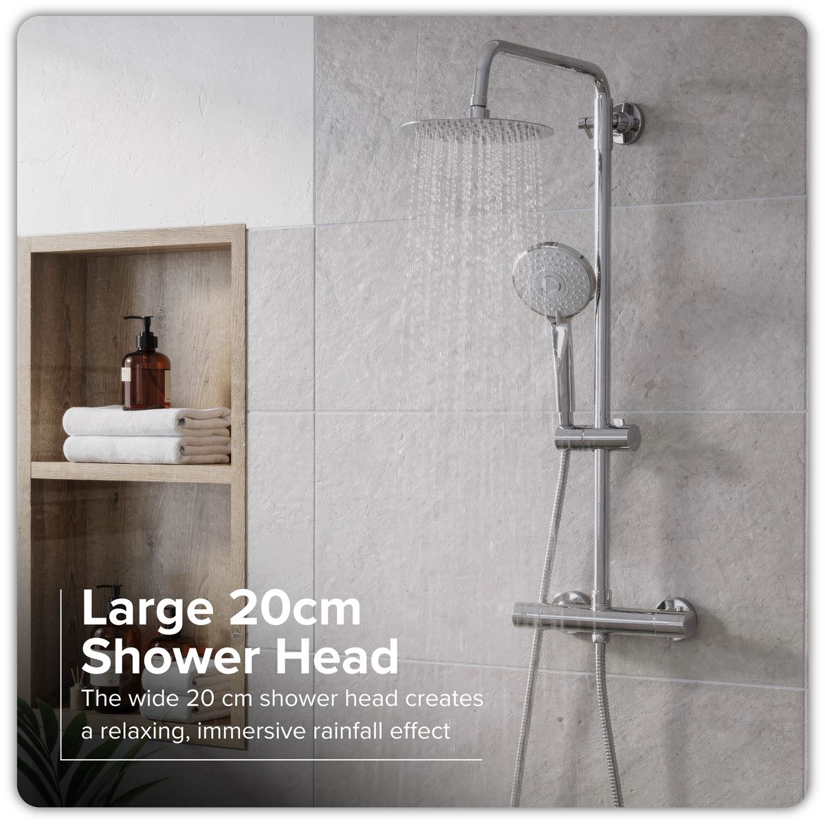 Baridi Thermostatic Shower Mixer Set, 20cm Round Head, Adjustable Rail - Chrome DH314