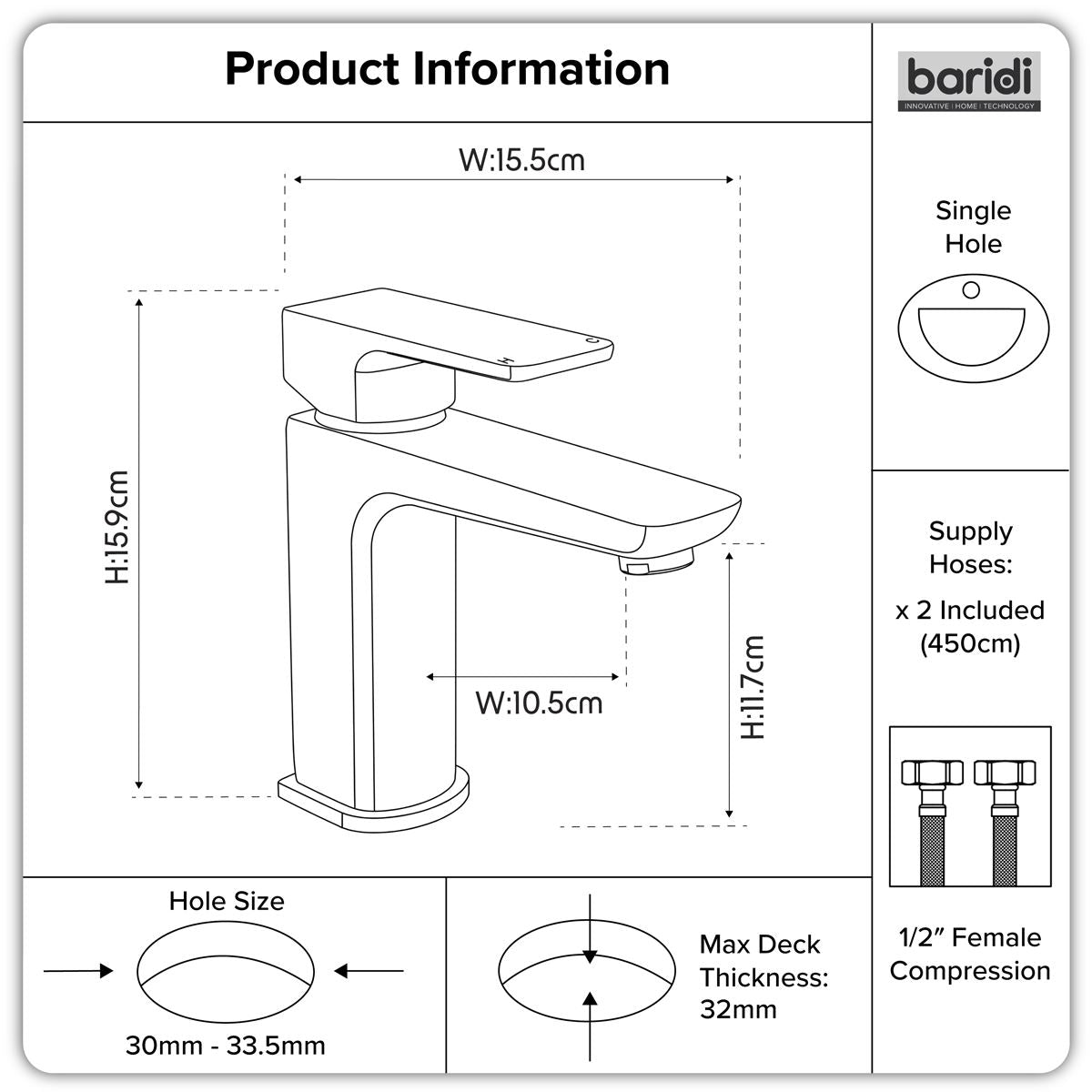 Baridi Basin Mixer Tap with Clicker Waste - Chrome DH392