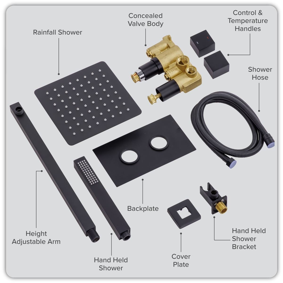 Baridi Concealed Thermostatic Shower Set 20 x 20cm Square Head & Hand Shower