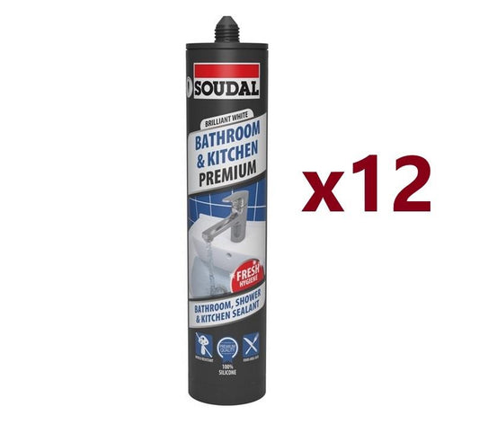 Soudal 12x Premium Bathroom, Kitchen & Shower Silicone Sealant - CLEAR (290ml)