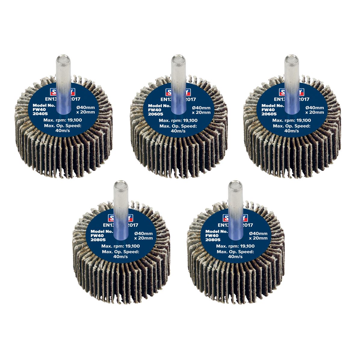 Sealey Abrasive Flap Wheel 40 x 20mm 6mm Shaft Assorted Grit - Pack of 5 FW4020ASS
