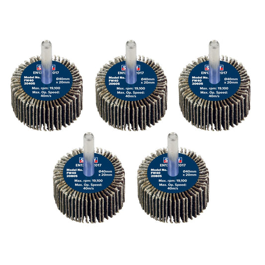Sealey Abrasive Flap Wheel 40 x 20mm 6mm Shaft Assorted Grit - Pack of 5 FW4020ASS