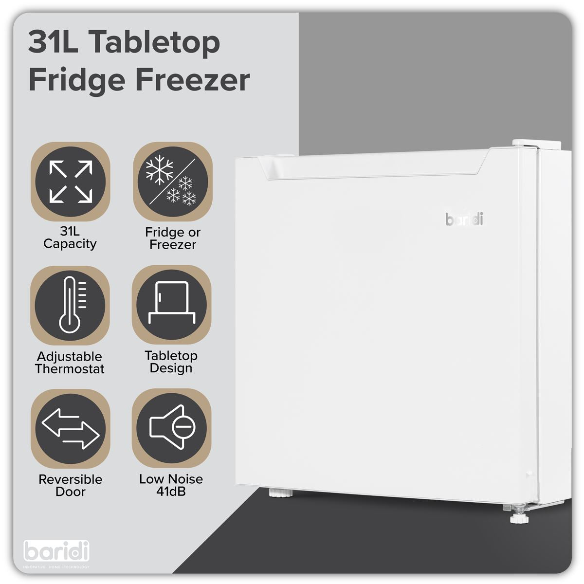 Baridi Mini Tabletop Fridge/Freezer, 31L Capacity - White DH254