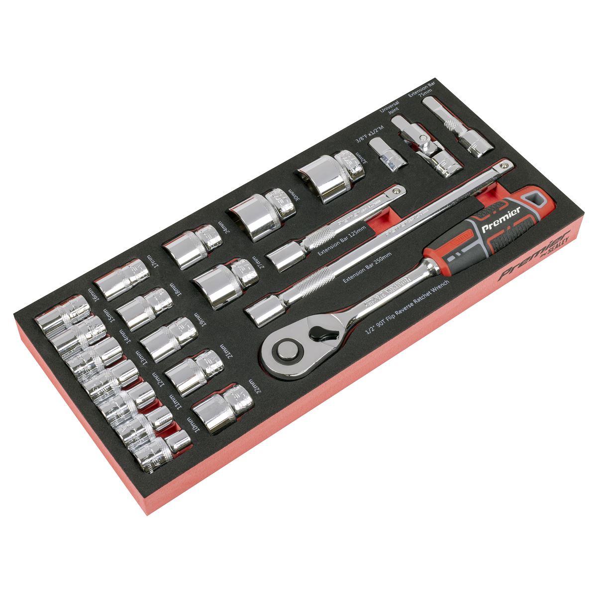 Sealey Premier Socket Set with Tool Tray 1/2"Sq Drive 22pc TBT42