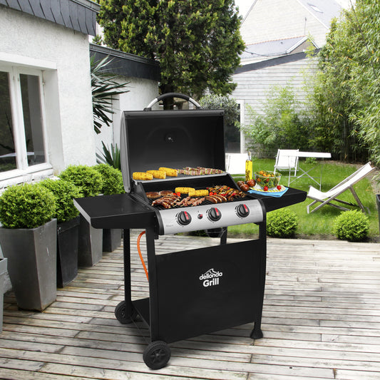 Dellonda 3 Burner Gas BBQ Grill, Ignition, Thermometer, Black/Stainless Steel DG14