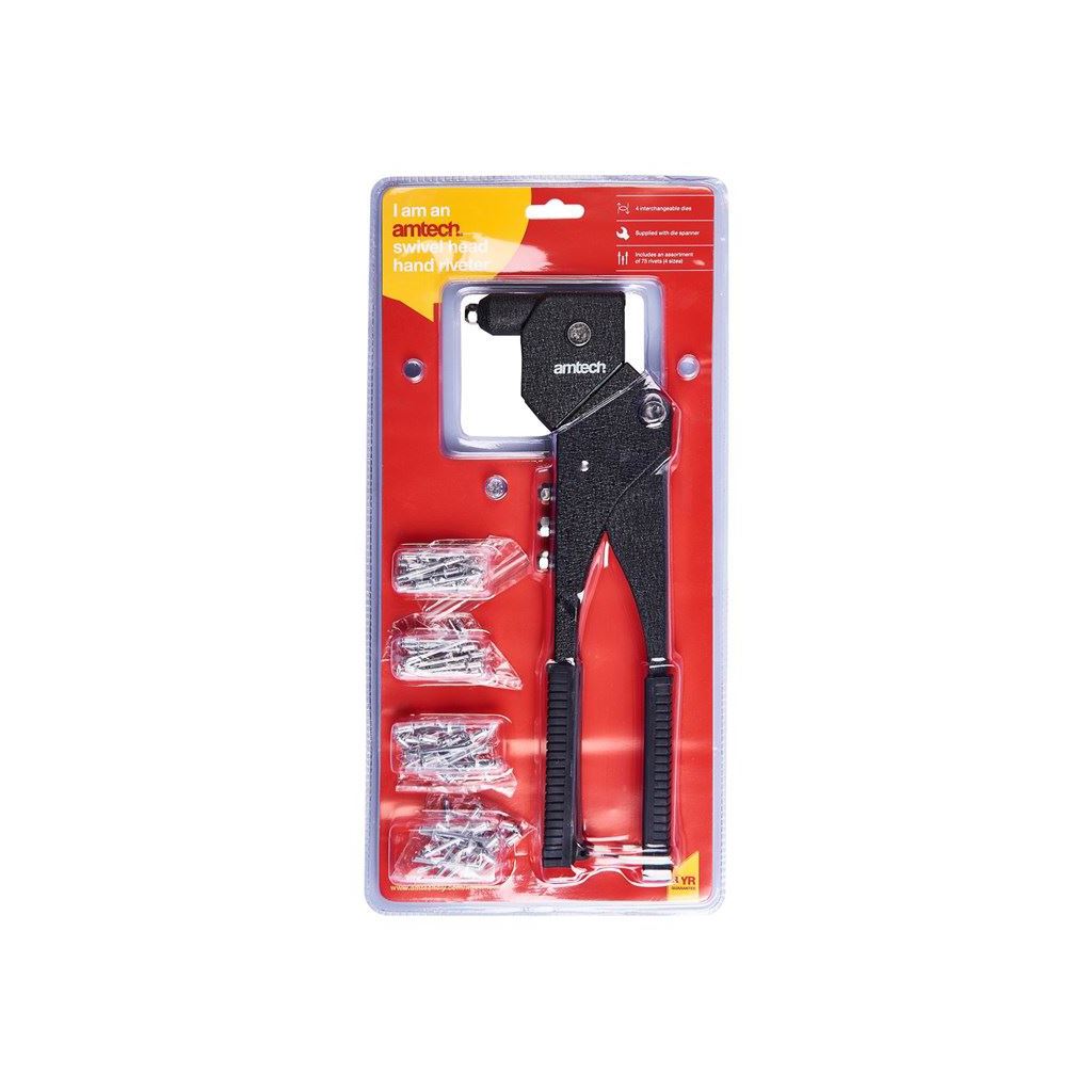 Amtech Swivel Head Hand Riveter Rivet Gun+75 Rivets - B3550