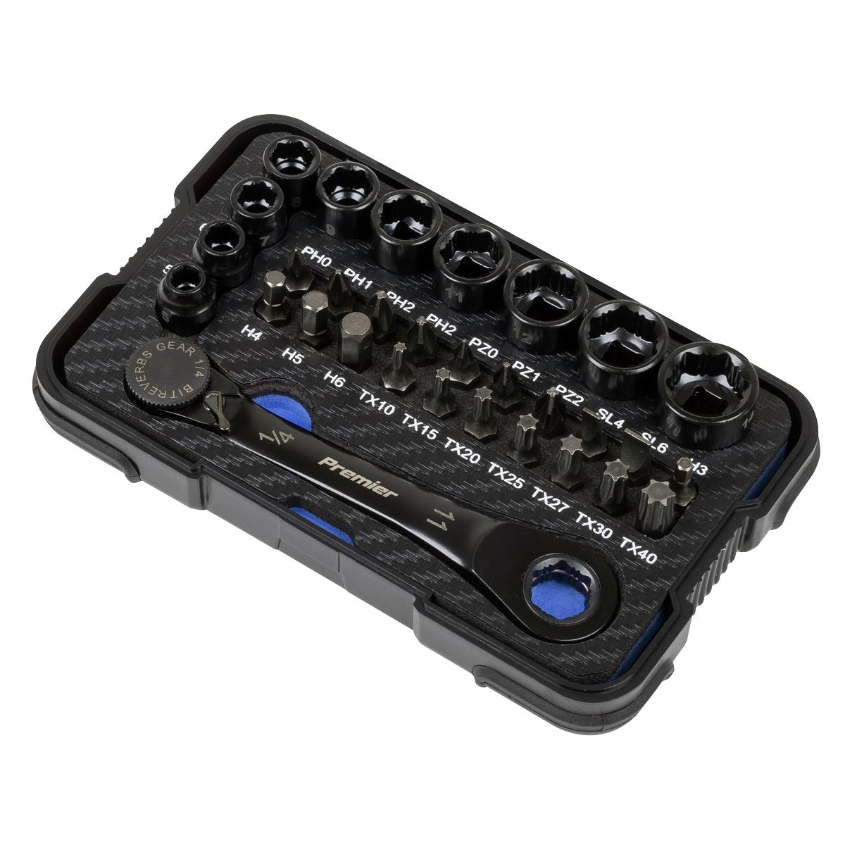 Premier Black Go-Through Lock-On Low Profile Socket & Bit Set 1/4"Sq Drive 31pc