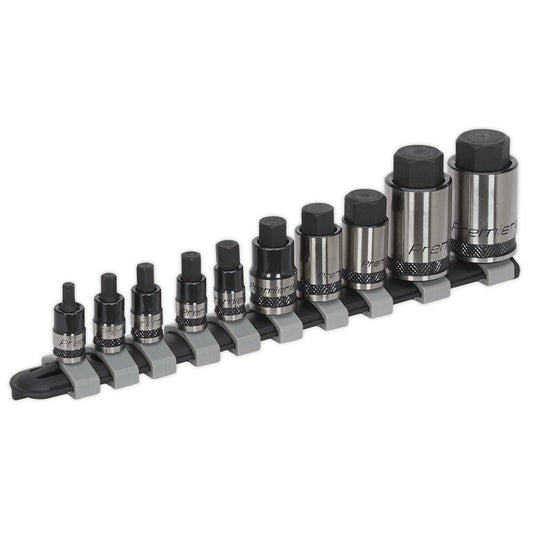 Sealey Hex Socket Bit Set 10pc Stubby 1/4",3/8",1/2"Sq Dr Black AK6229B