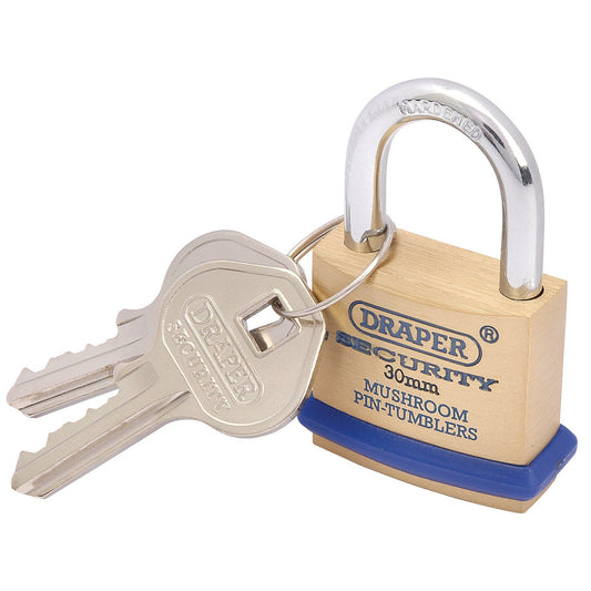 30mm Solid Brass Padlock And 2 Keys With Mushroom Pin Tumblers Hardened Steel - 64160