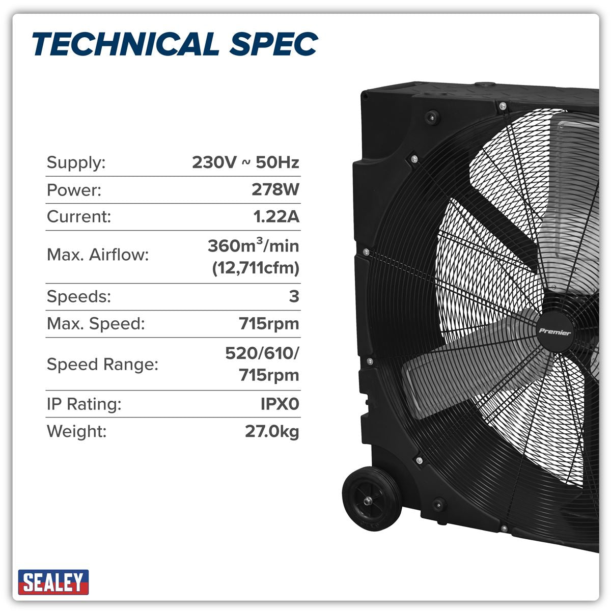 Sealey Premier 36" Industrial High Velocity Rotomold Drum Fan 3-Speed 230V