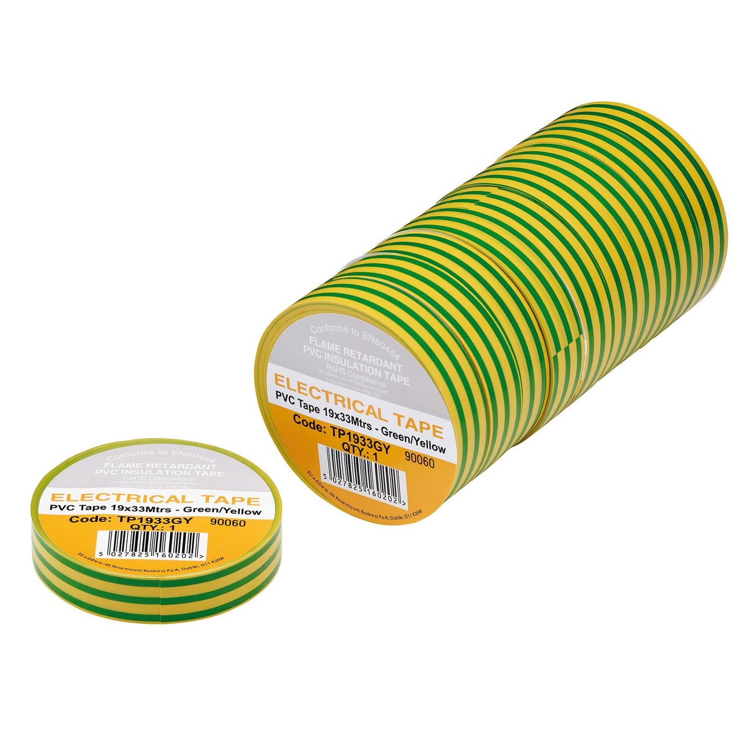 Green/Yellow PVC Electrical Insulation Tape, 19mm x 33m (Pack of 10)