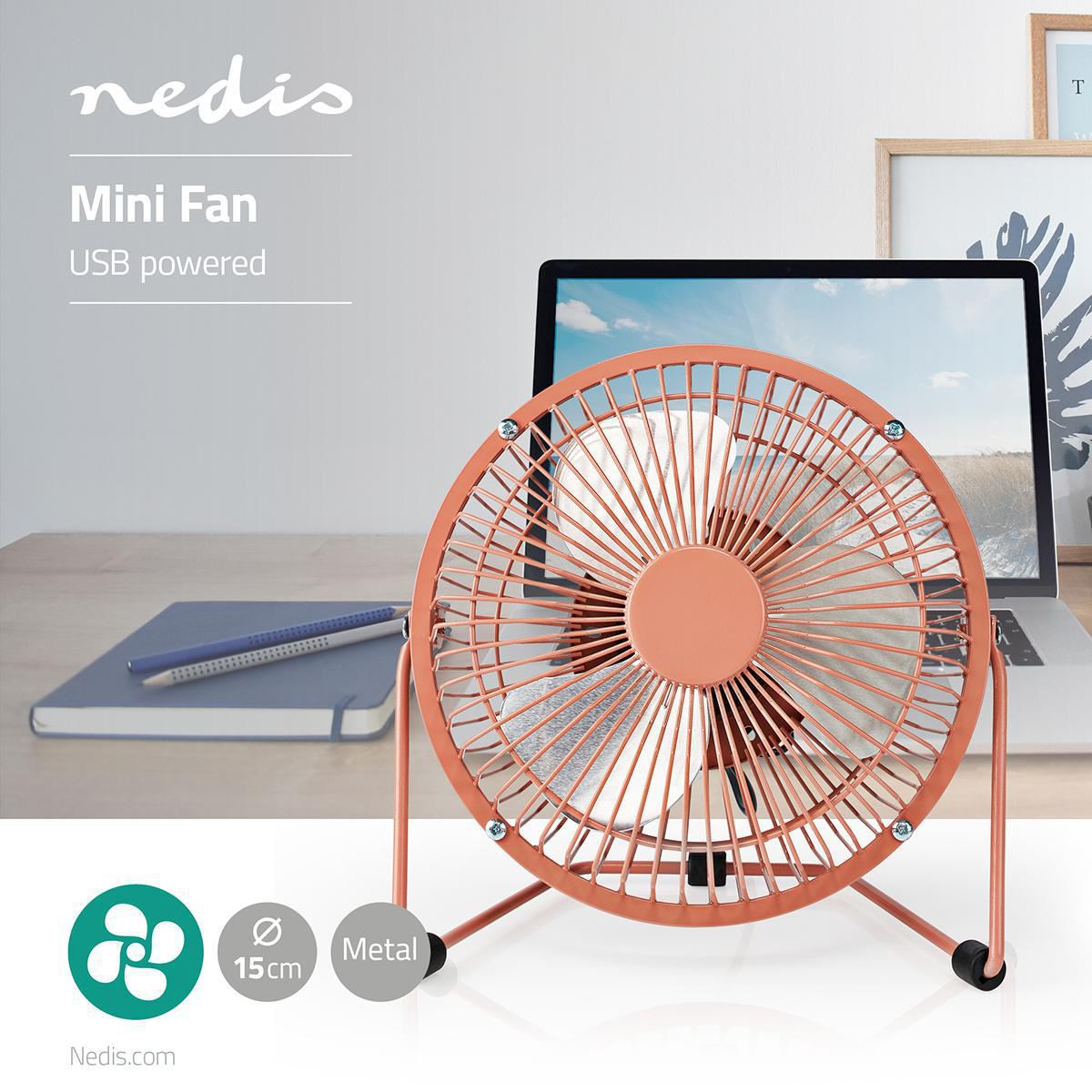 Nedis Metal Mini Fan 15cm Diameter USB Powered Vintage Pink - FNDK1PK15
