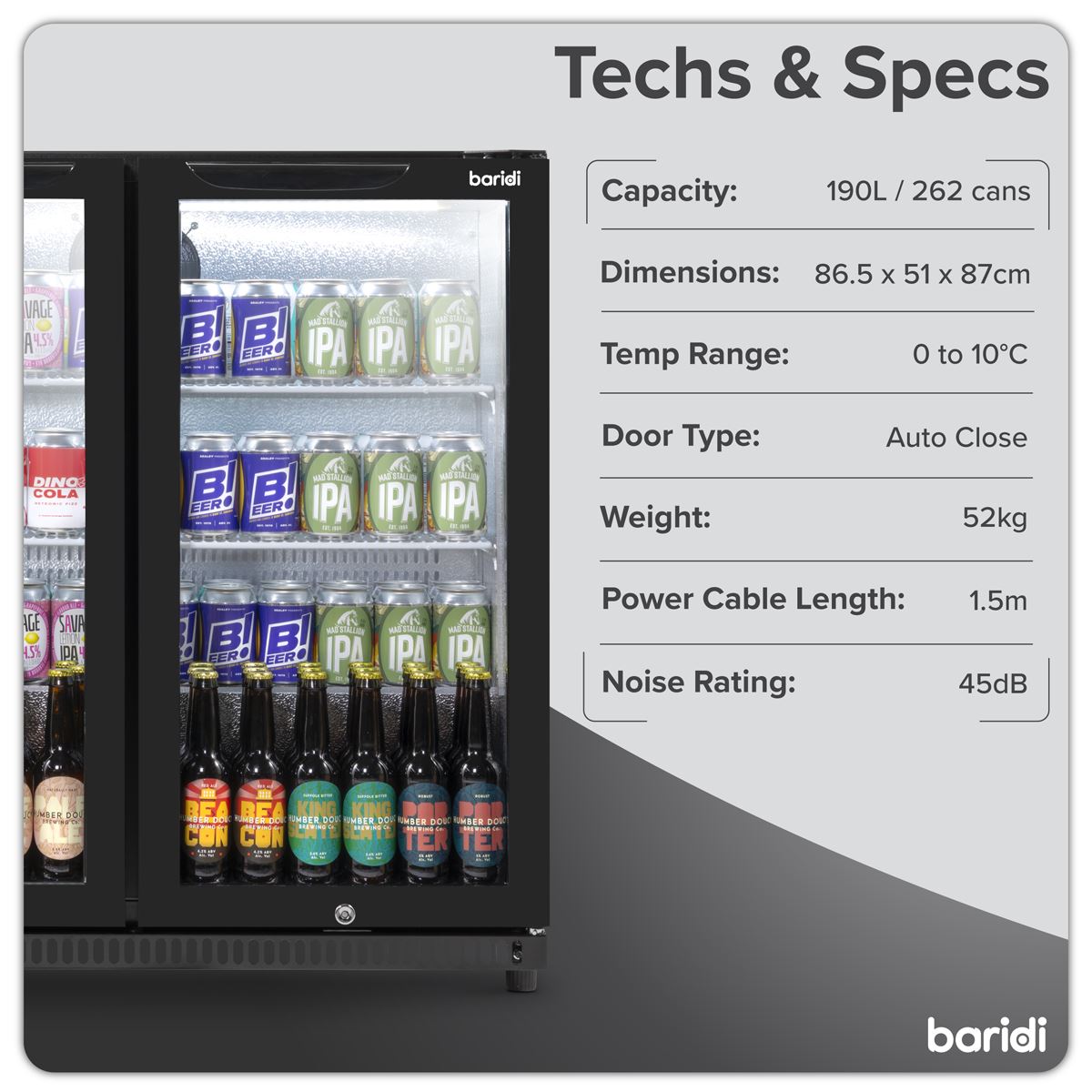 Baridi Hinged Double Door, Back Bar Drinks Fridge/Cooler, 190L Capacity DH272