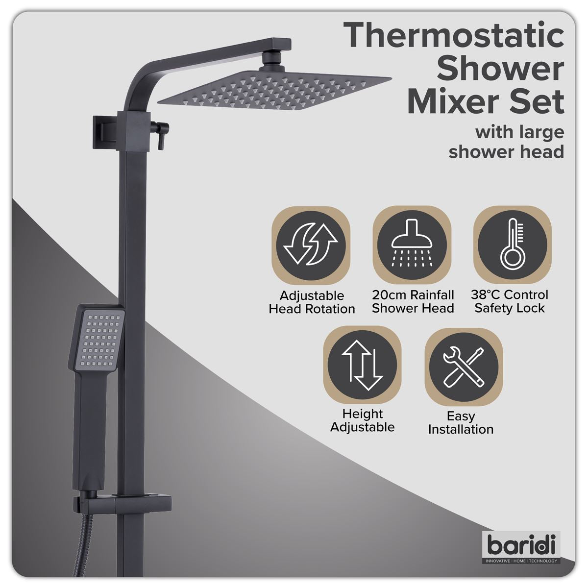 Baridi Thermostatic Shower Mixer Set, 20x20cm Square Head, Adjustable Rail