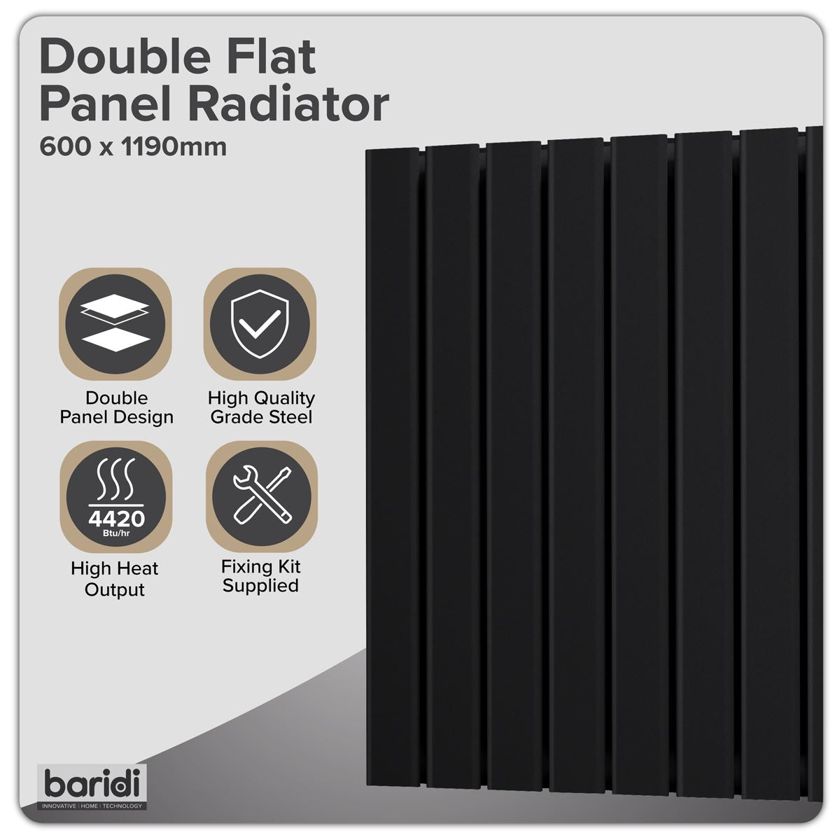 Baridi Horizontal Radiator Contemporary Double Flat Panel Design 600 x 1190mm