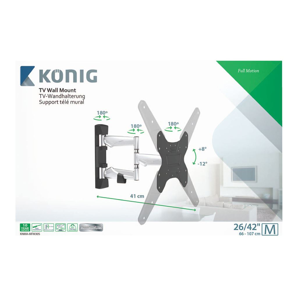 Konig TV wall mount/bracket full motion 26-42"/66-107 cm 30 kg/66 lbs - TVWM5530BK