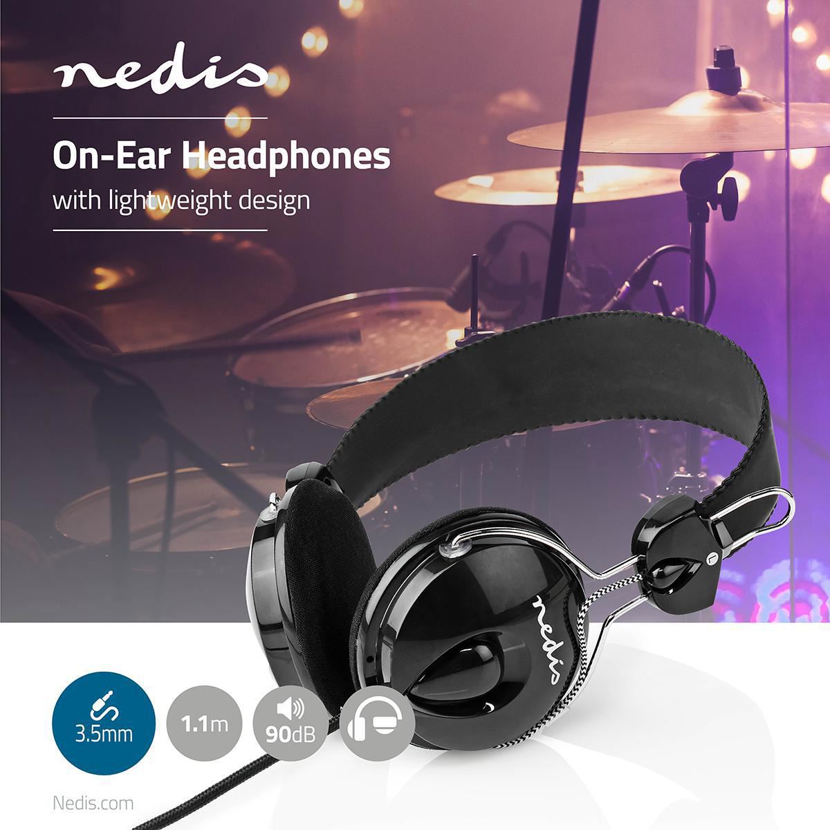 Nedis Wired Headphones 1.1m Round Cable On-Ear Lightweight Black - HPWD1104BK