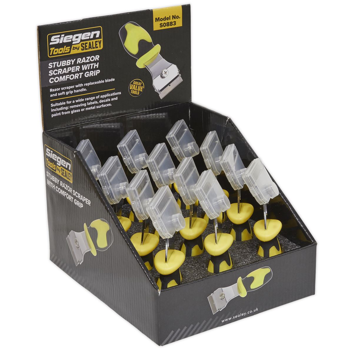 Sealey Razor Scraper with Comfort Grip Stubby Display Box of 12 S0883