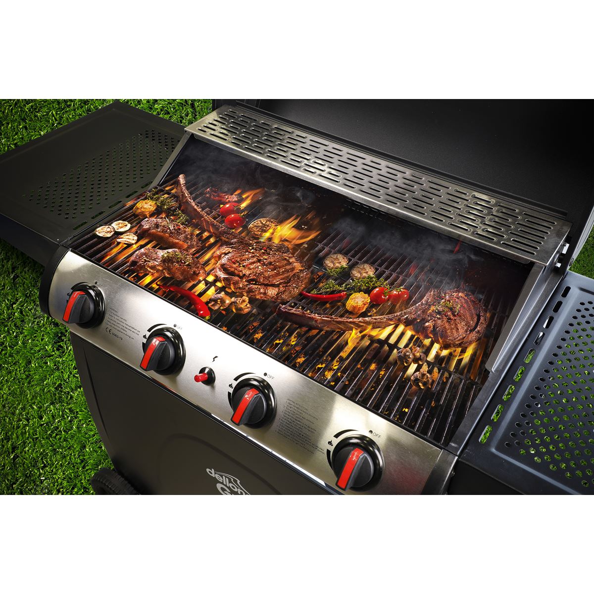 Dellonda 4 Burner Gas BBQ Grill, Ignition, Thermometer, Black/Stainless Steel DG15