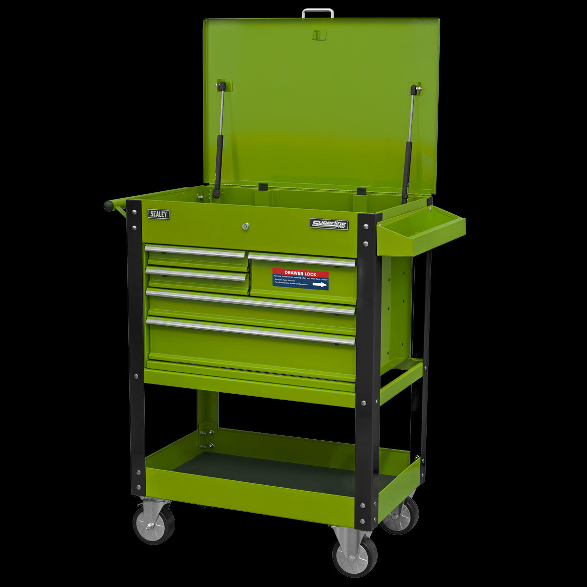 Sealey Superline Pro Heavy-Duty Mobile Tool & Parts Trolley with 5 Drawers and Lockable Top- Hi-Vis Green AP890MHV
