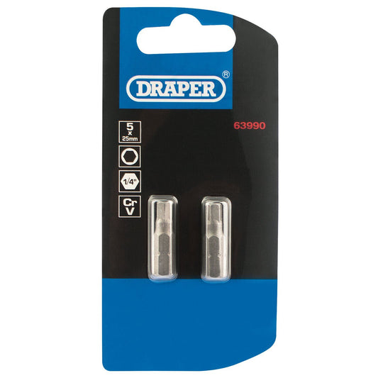 Draper 63990 5mm 1/4" Hex. Hexagonal Insert Bit 25mm Long x 2