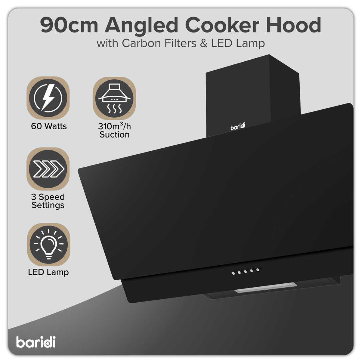 Baridi Angled Chimney Cooker Hood with Carbon Filters & LED Lamp 90cm