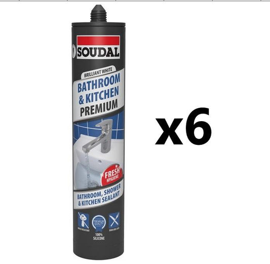Soudal 6x Premium Bathroom, Kitchen & Shower Silicone Sealant - CLEAR (290ml)