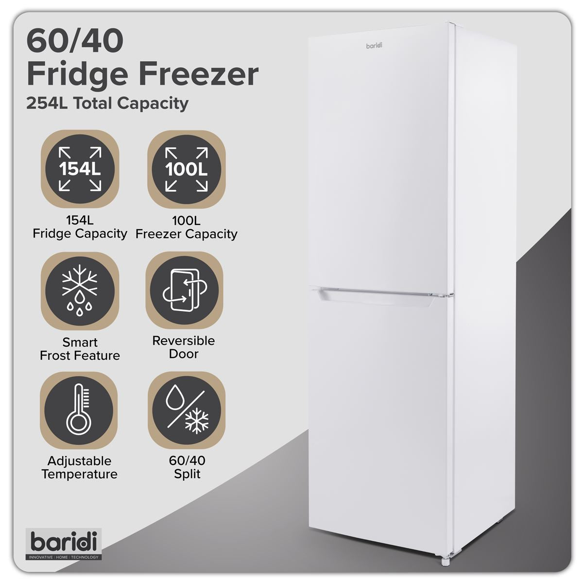 Baridi 60/40 Smart Frost Fridge Freezer 254L Capacity � White DH328