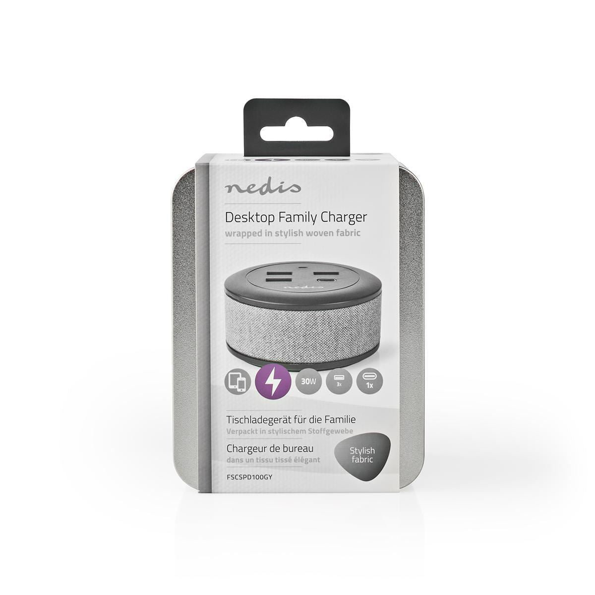 Nedis Fabric Desktop Family Charger 3x USB 2.1 A (Max.) 1x USB-C 30W PD Grey