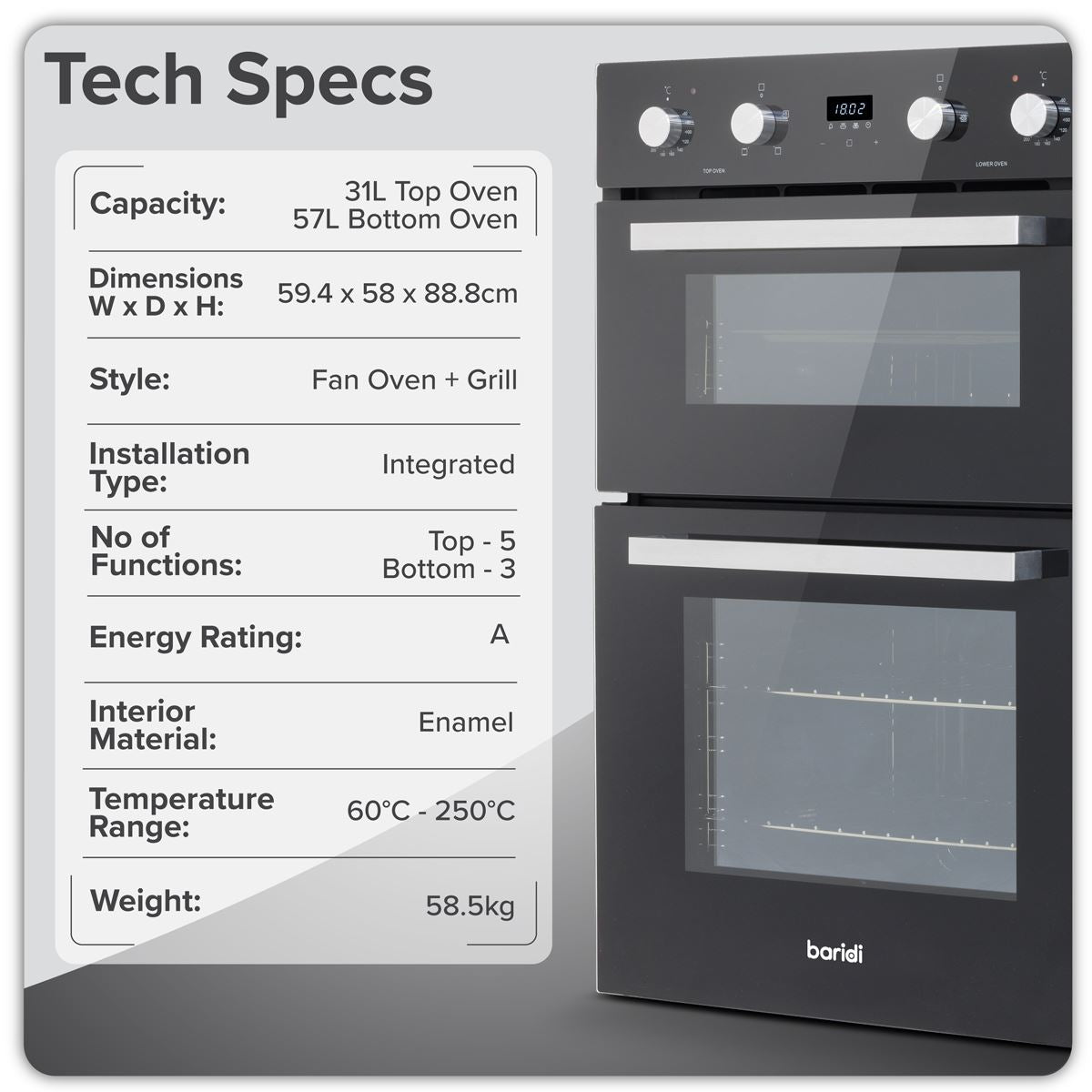 Baridi 90cm Built-In Double Oven, 88L Capacity, Energy Rating A - Black DH279