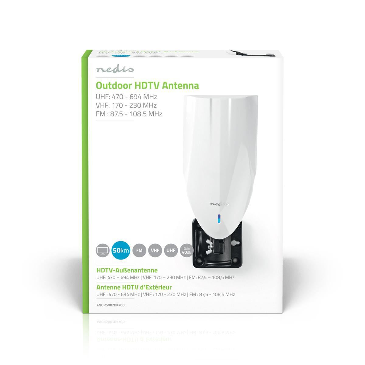 Nedis Outdoor HDTV Antenna 0 to 50 km Gain 40dB FM/VHF/UHF White - ANOR5002BK700