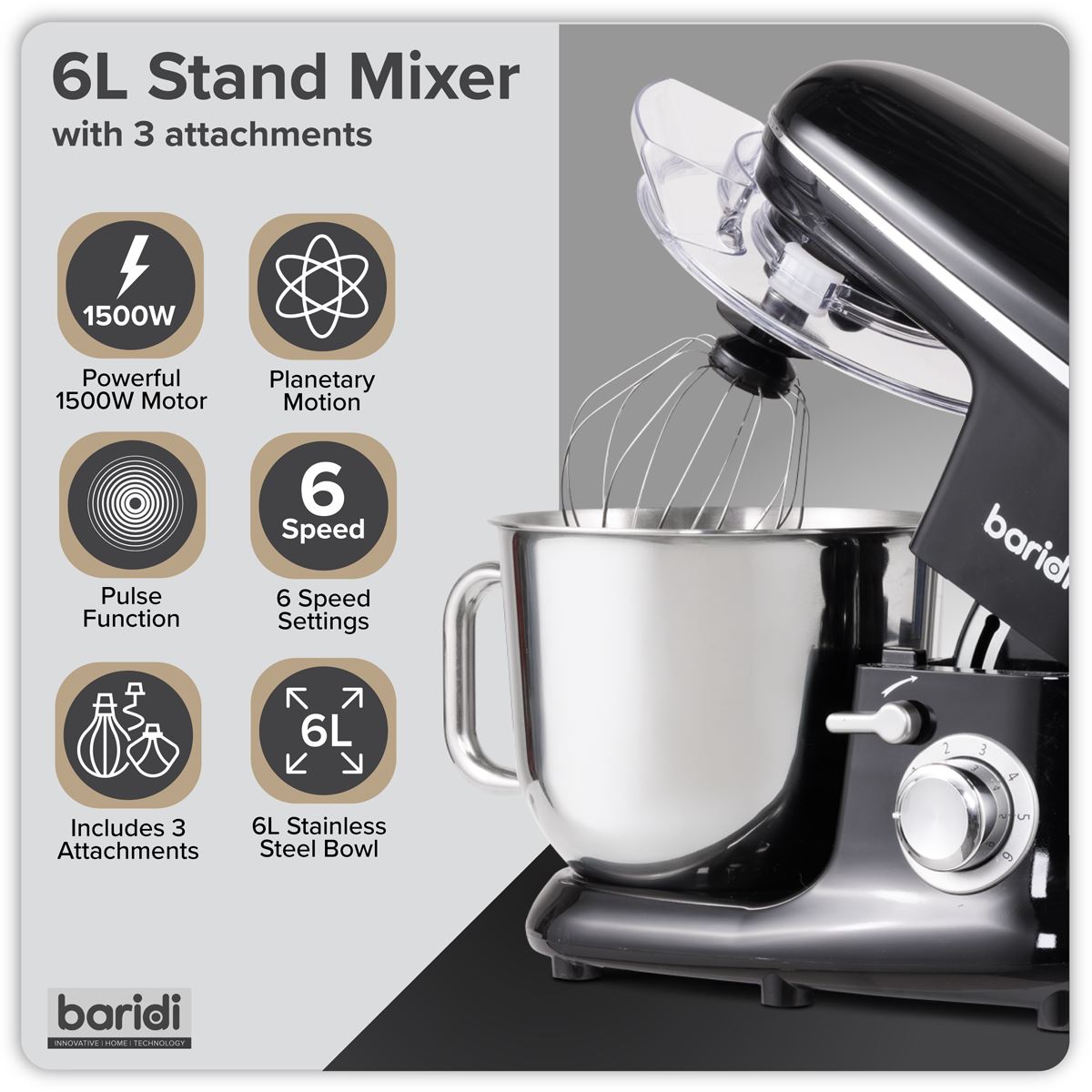 Baridi 1500W Stand Mixer with Accessories 6L - Black DH173