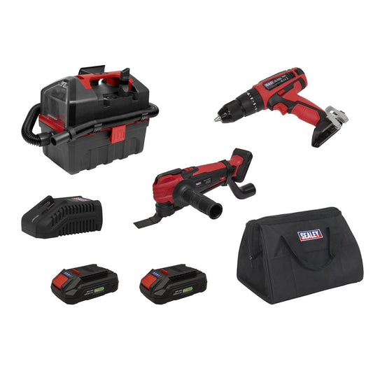Sealey 3 x SV20 Series Cordless Power Tool Vac Kit 20V Euro Plug - 2 Batteries