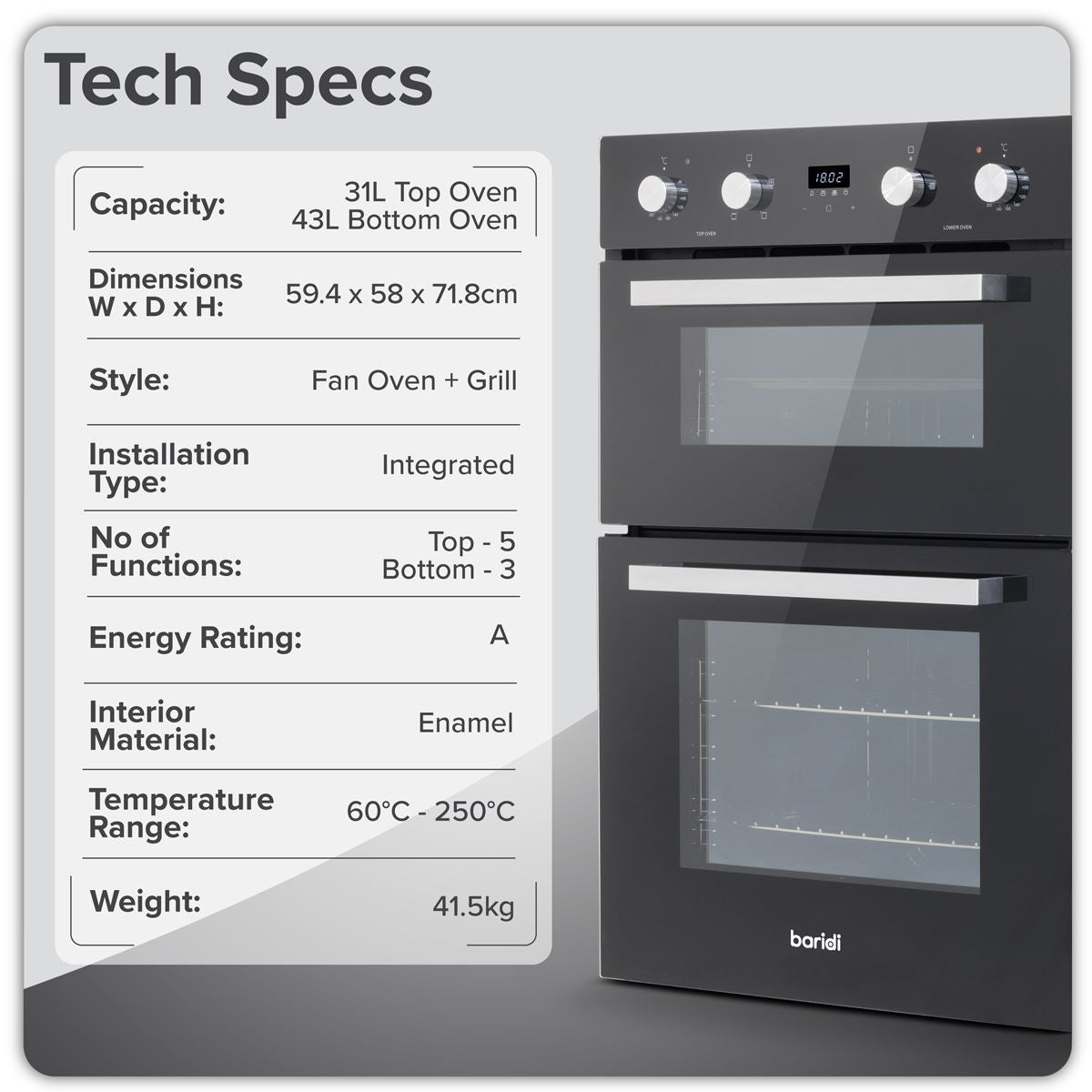Baridi 72cm Built-Under Double Oven, 74L Capacity, Energy Rating A - Black DH278