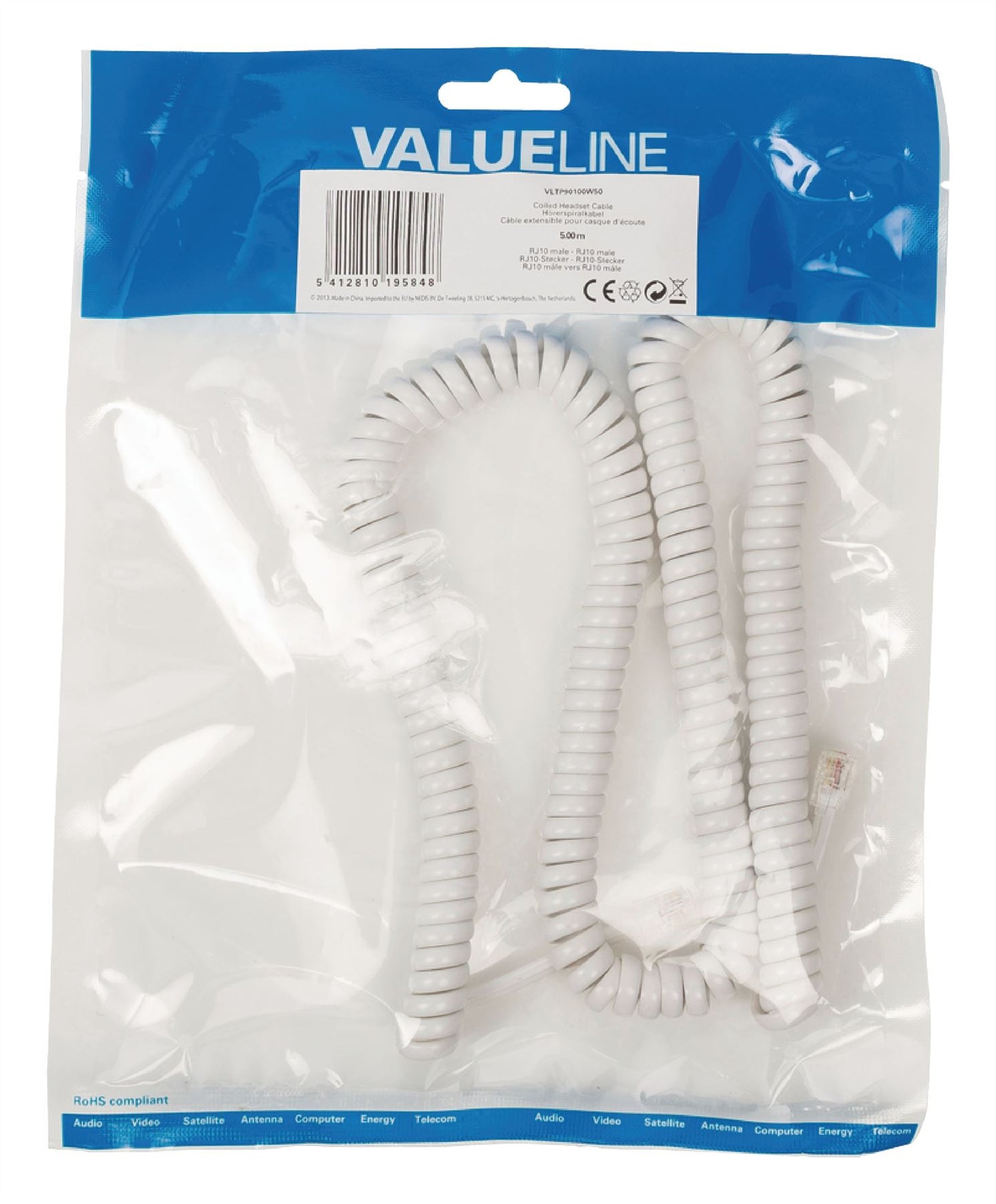 (Disc) Glaxio Coiled headset cable RJ10 male to RJ10 male 5m white VLTP90100W50 LL IG1.LL.100 Stocked GETR