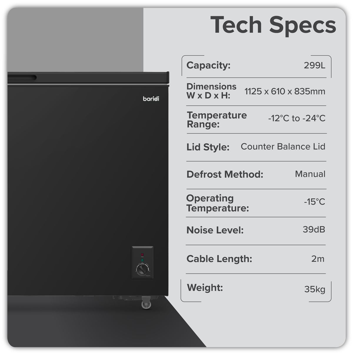 Baridi Freestanding Chest Freezer 299L Capacity - Black DH261